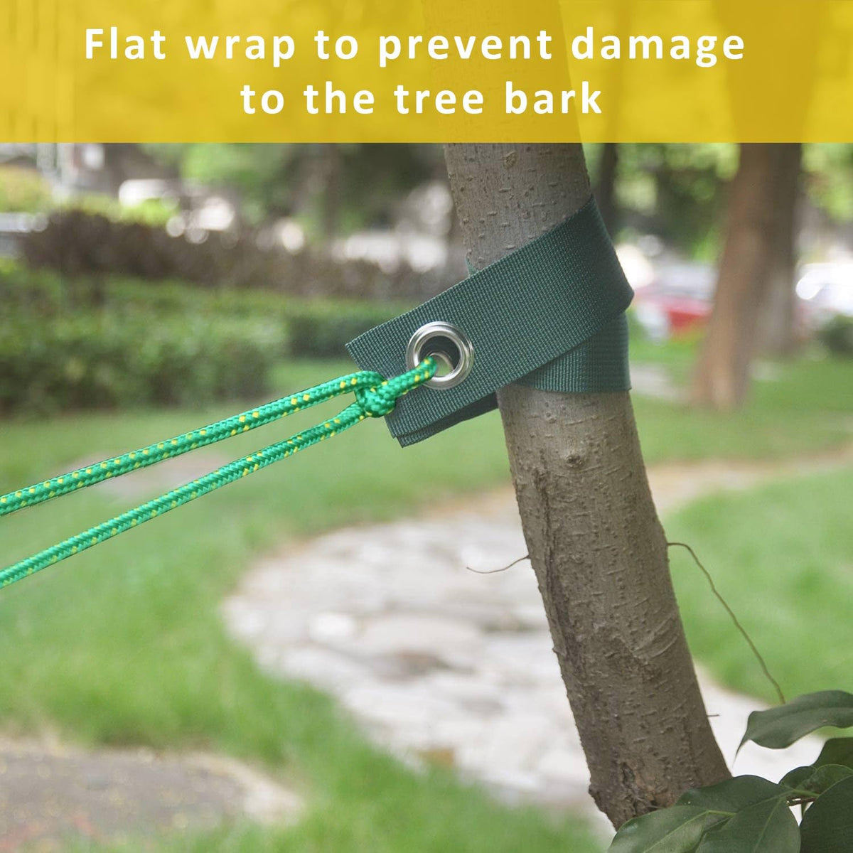 FCENDS soft nylon straps protect tree bark during installation.