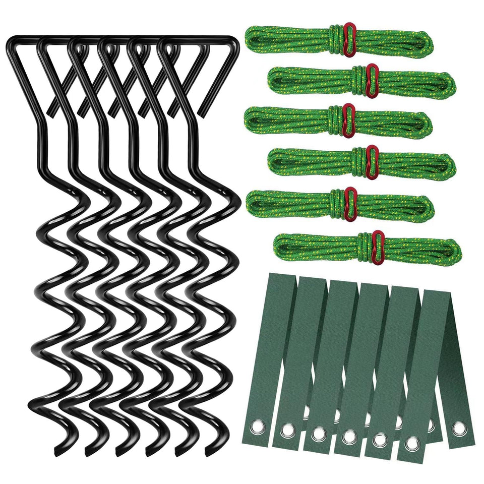 FCENDS Tree Stake Kit with spiral stakes stabilizes a leaning tree against strong winds.