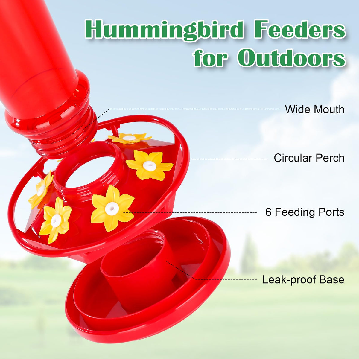 Built-in ant moat and bee-proof ports on Fchstaer feeder