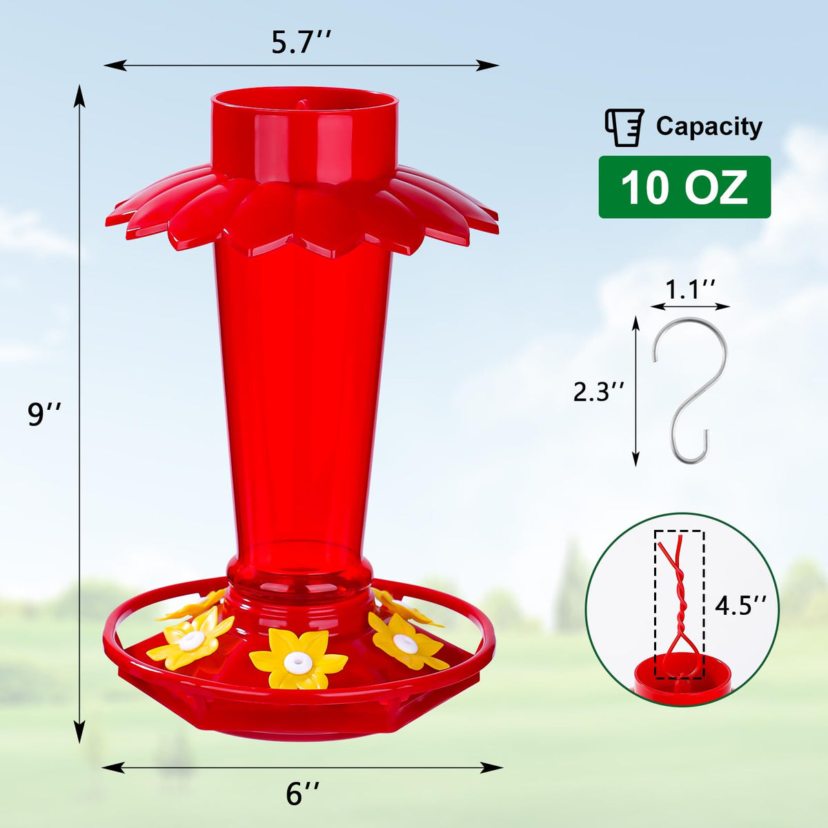Clear red bottle of Fchstaer feeder shows nectar level at a glance