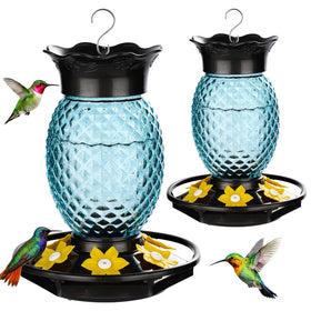 Fchstaer glass hummingbird feeder in blue pineapple shape attracts hummingbirds and decorates patios.