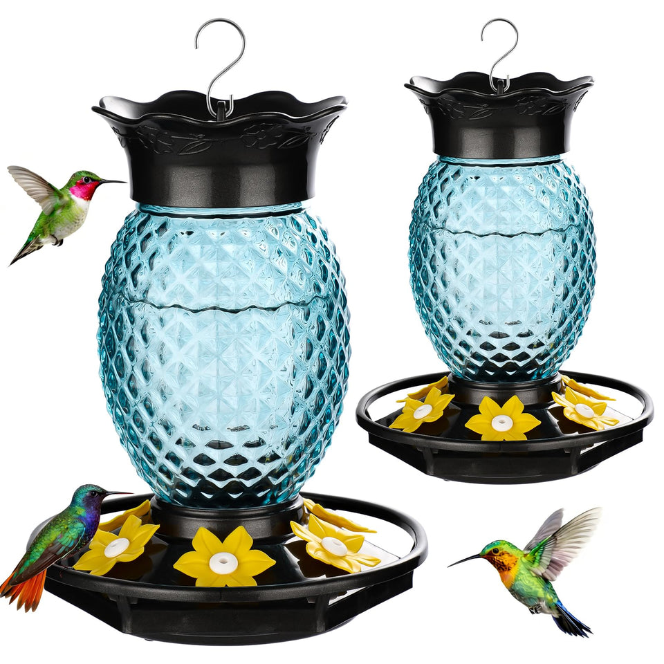 Fchstaer glass hummingbird feeder in blue pineapple shape attracts hummingbirds and decorates patios.