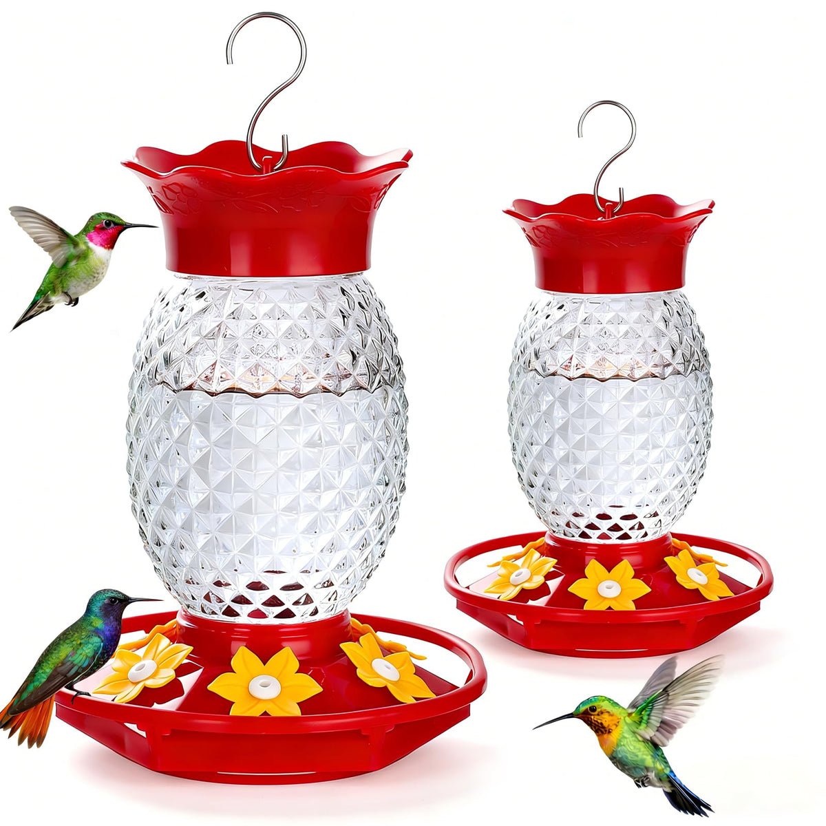 Fchstaer glass hummingbird feeder with pineapple design attracts pollinators and enhances garden decor.