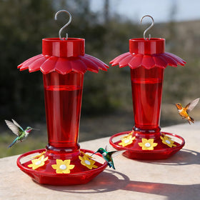 Fchstaer red umbrella cover on hummingbird feeder offering shade and nectar protection