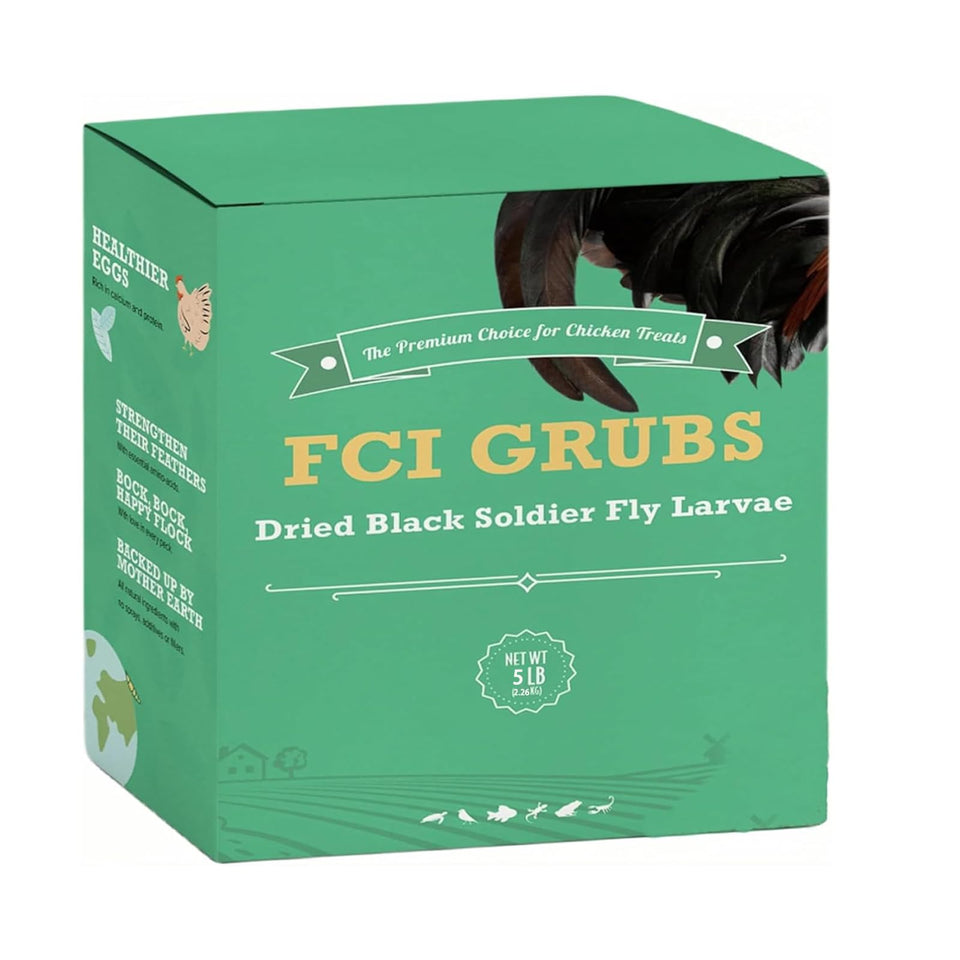 FCI GRUBS dried BSFL bag displaying a calcium-rich treat for hens