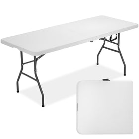 FDW 6-foot outdoor dining table folded for easy storage and transport.