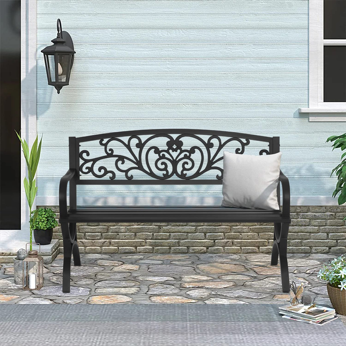 FDW black outdoor bench complements garden decor and shaded areas