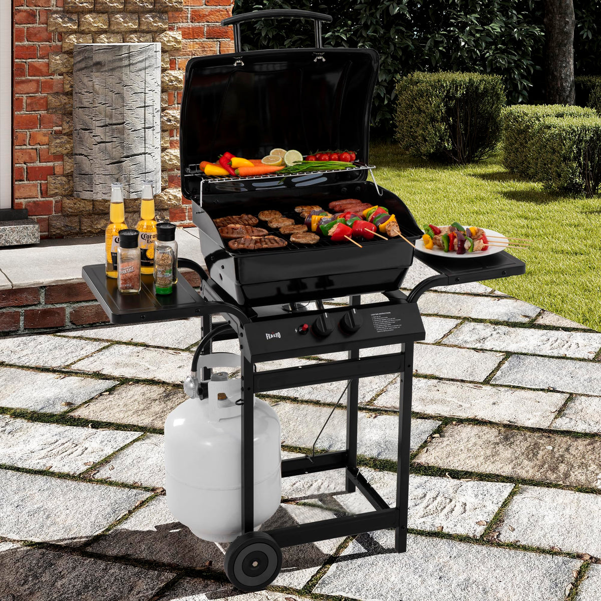 Feasto 2-Burner Grill lid demonstrates heat-retaining enclosure for even cooking