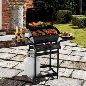 Feasto 2-Burner Grill lid demonstrates heat-retaining enclosure for even cooking