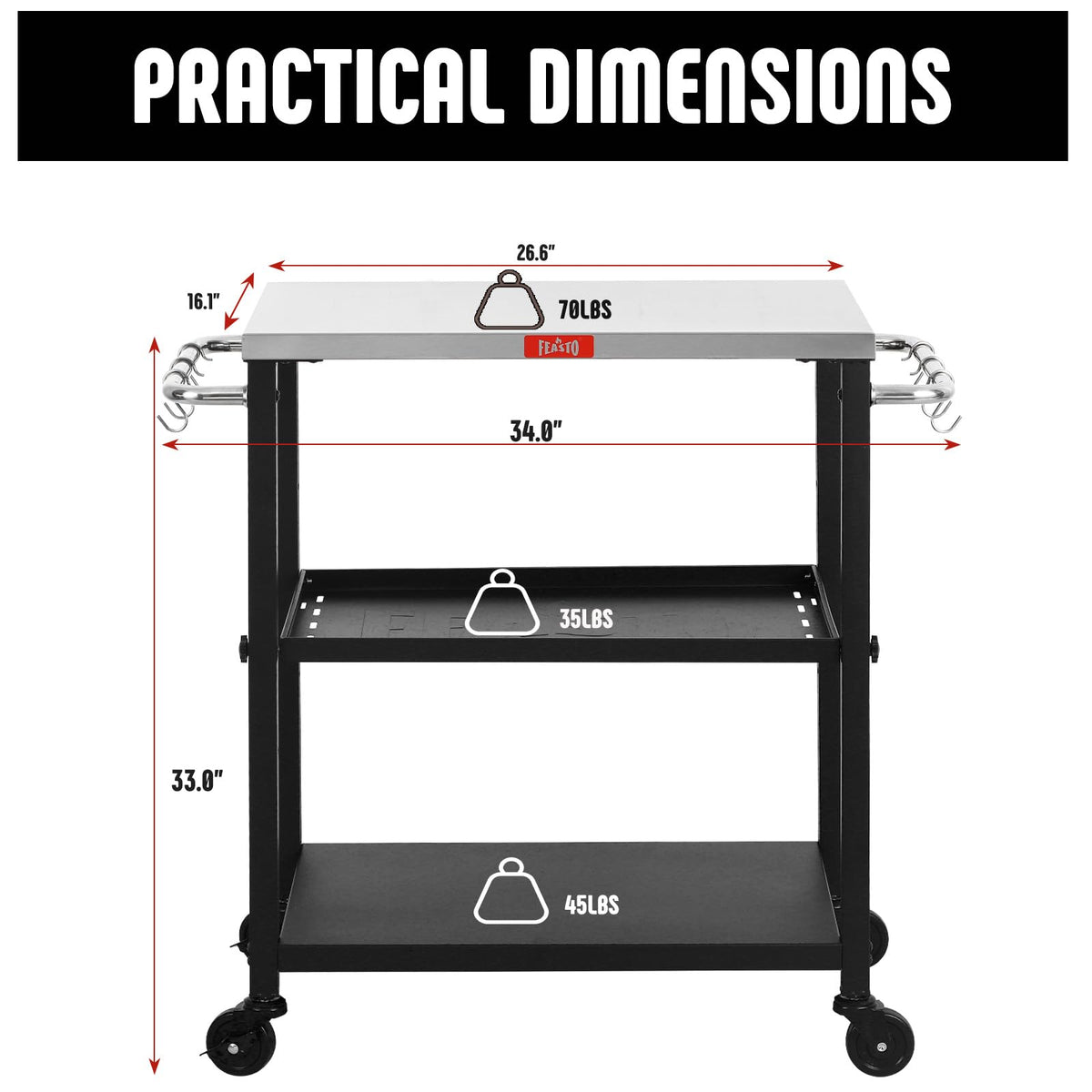 Feasto cart stainless top close-up reveals heat-resistant surface