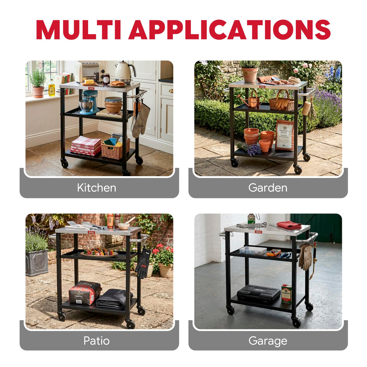 Feasto cart with S-hooks for utensil organization during cooking