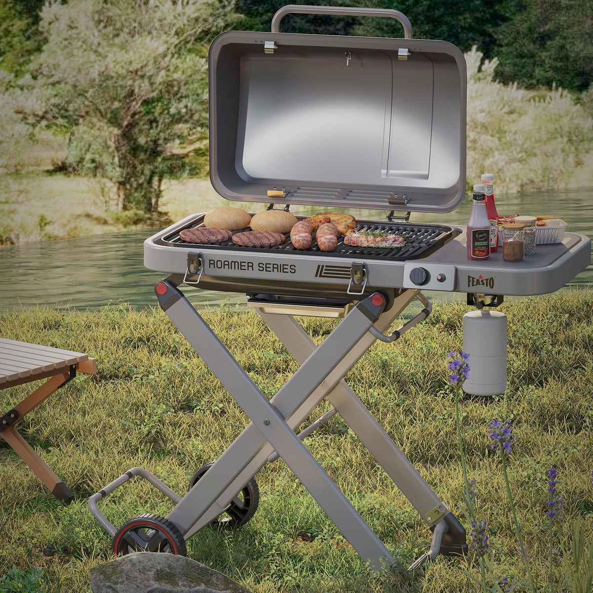 Feasto folding cart with wheels enables smooth cruising across lawns and patios