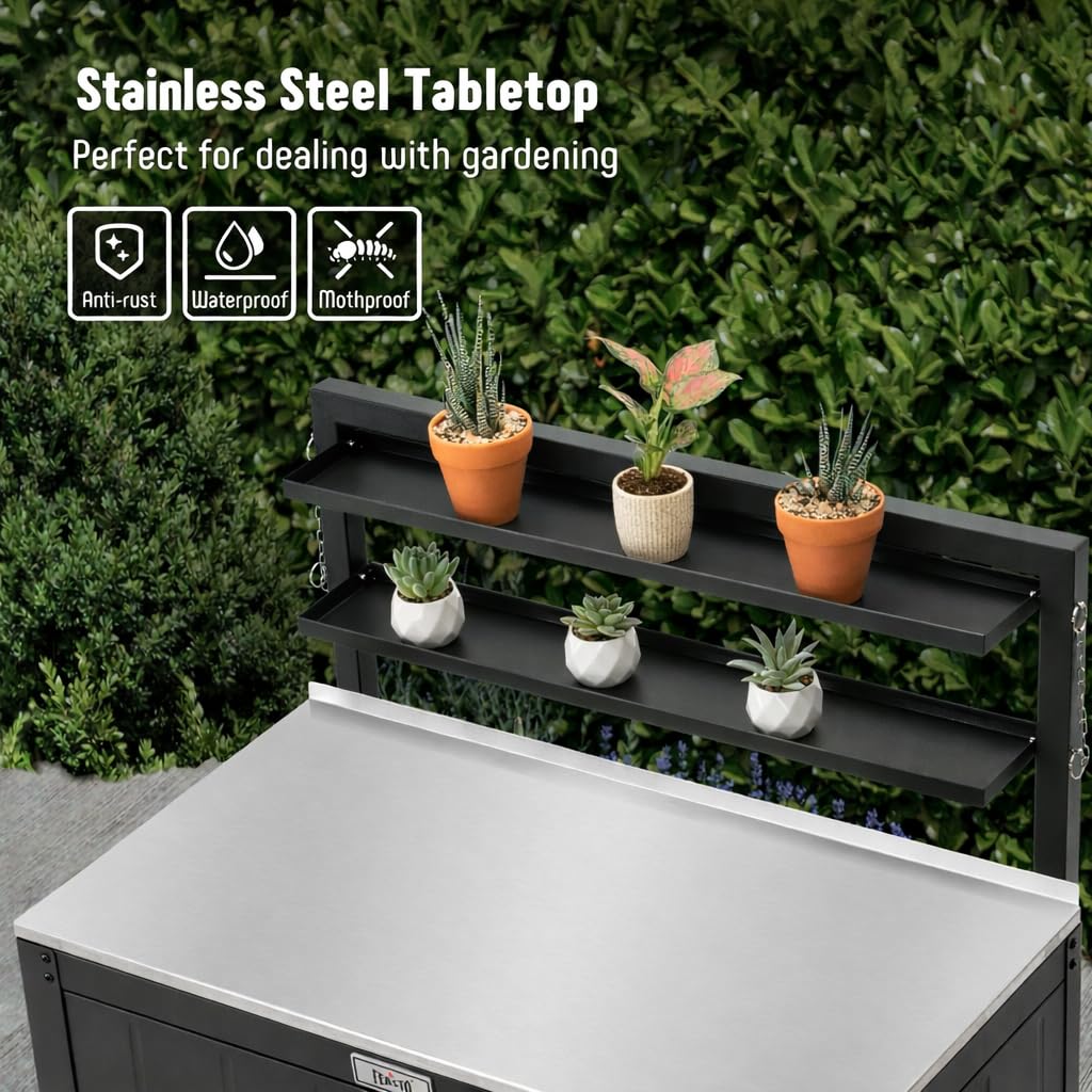 Feasto Garden Potting Bench adjustable feet ensure stable setup on uneven ground.