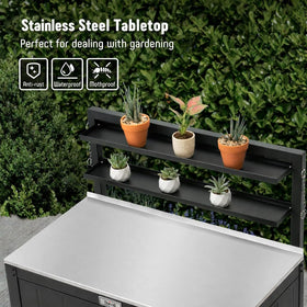 Feasto Garden Potting Bench adjustable feet ensure stable setup on uneven ground.