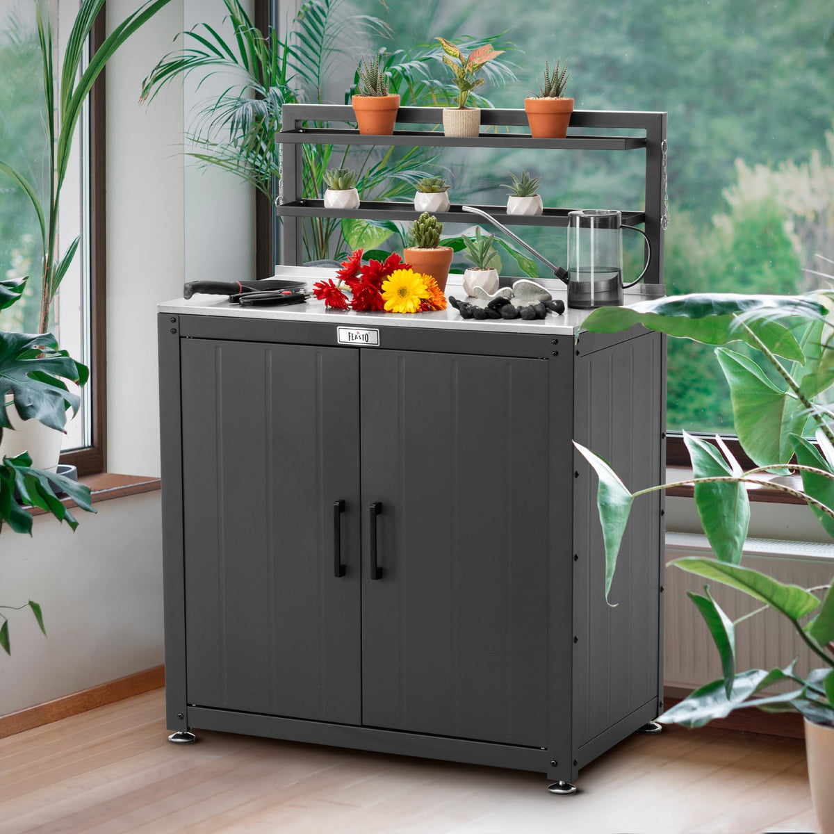 Feasto Garden Potting Bench protective edge keeps workspace clean and organized.