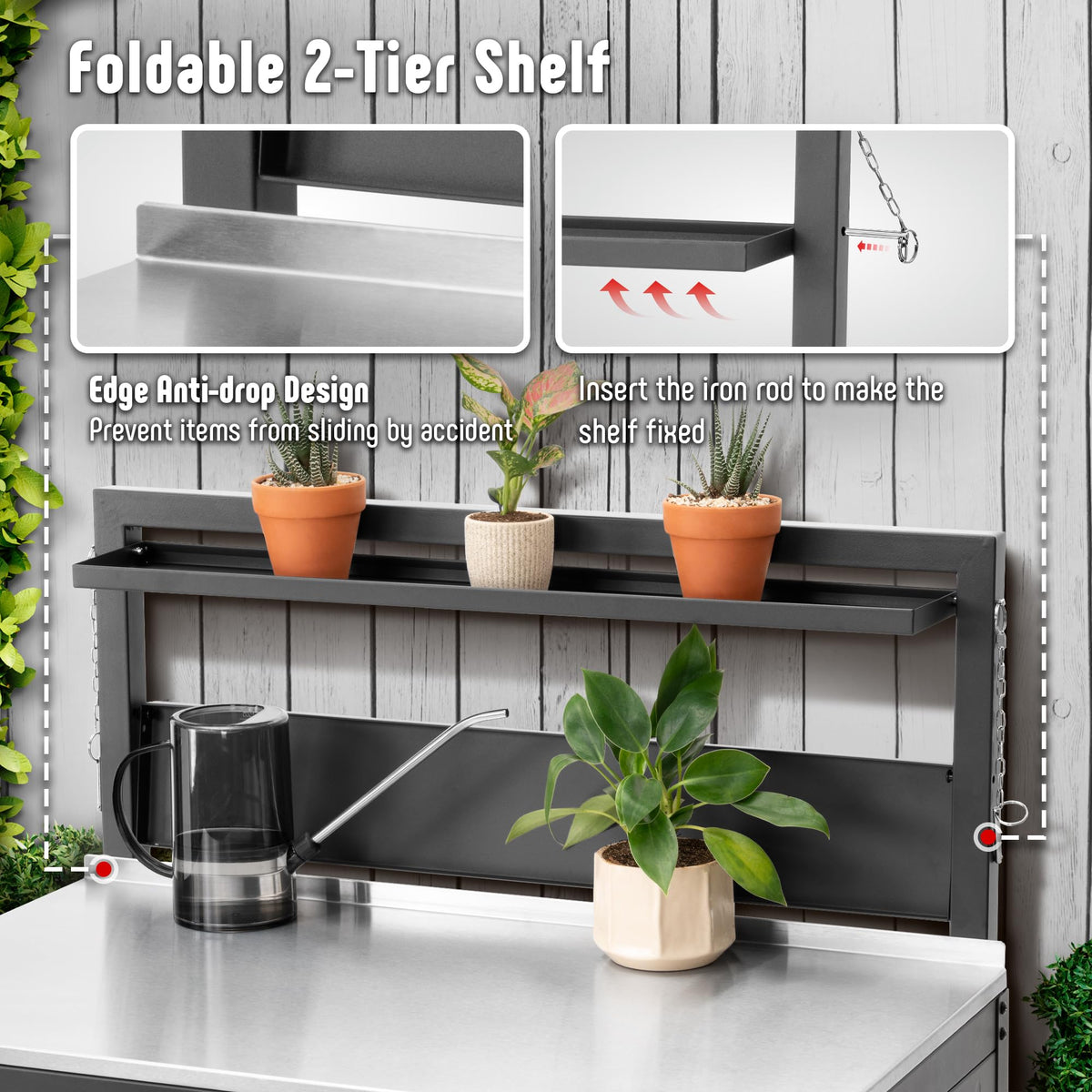 Feasto Garden Potting Bench stainless top ready for outdoor use and spills.