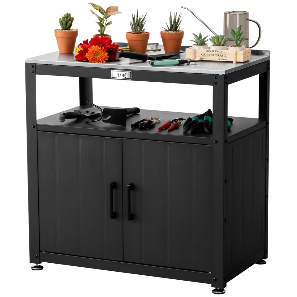 Feasto garden potting bench with stainless top for durable outdoor potting tasks