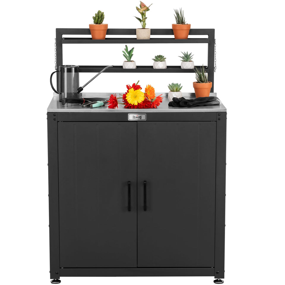 Feasto Garden Potting Bench table top with rust-resistant stainless steel for easy cleaning.