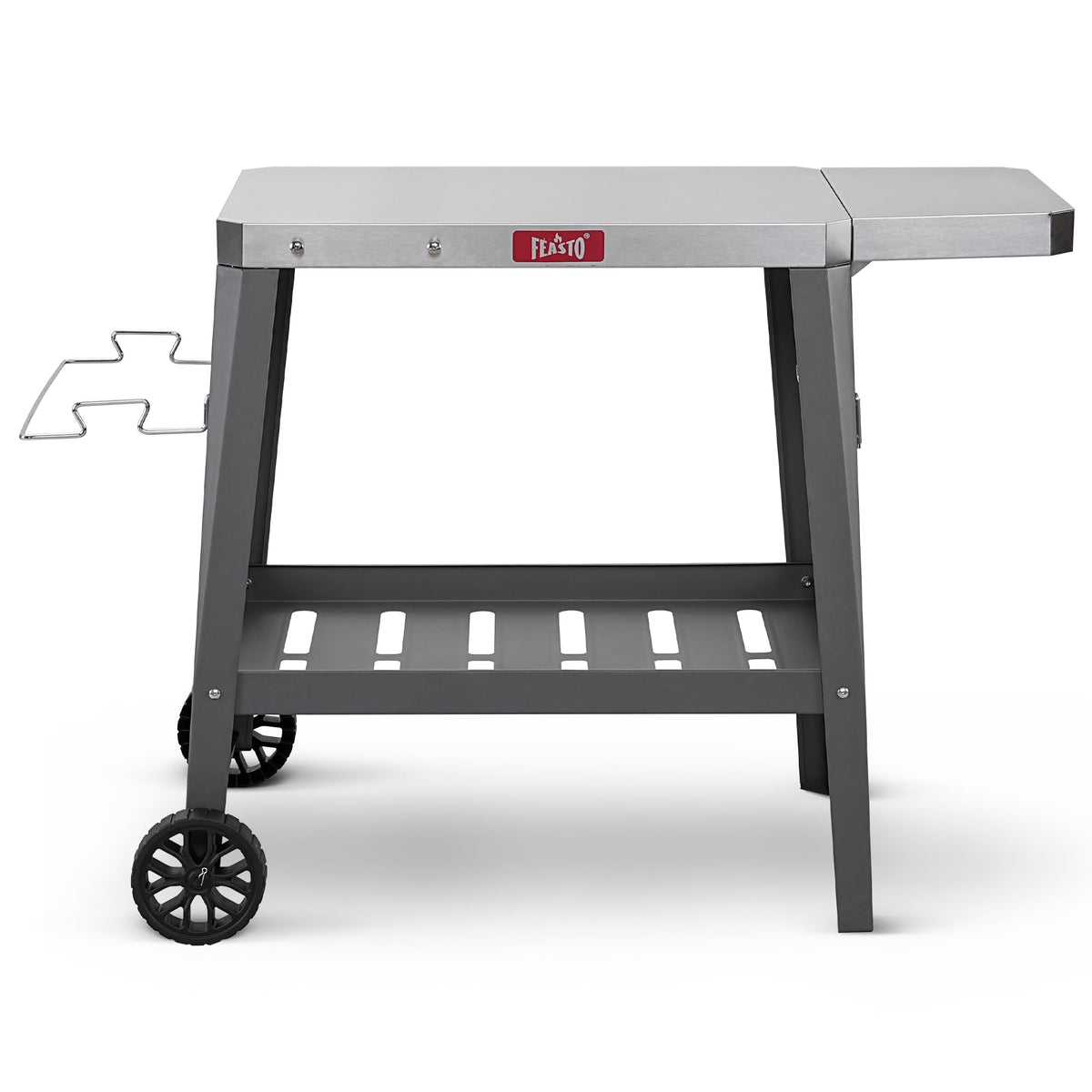 Feasto grill table with beveled stainless top for easy cleaning after sauces.