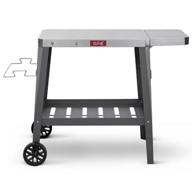 Feasto grill table with beveled stainless top for easy cleaning after sauces.