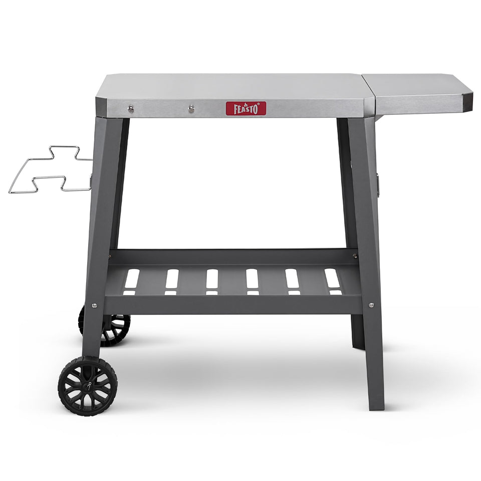 Feasto grill table with beveled stainless top for easy cleaning after sauces.