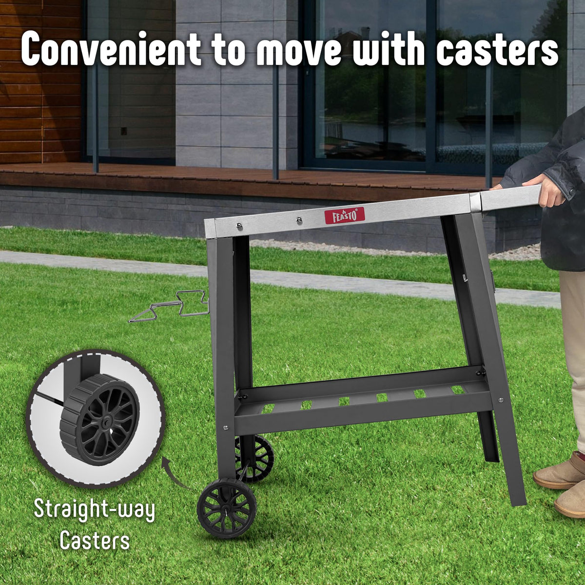 Feasto grill table on load-rated stand supports heavy pizza ovens securely.