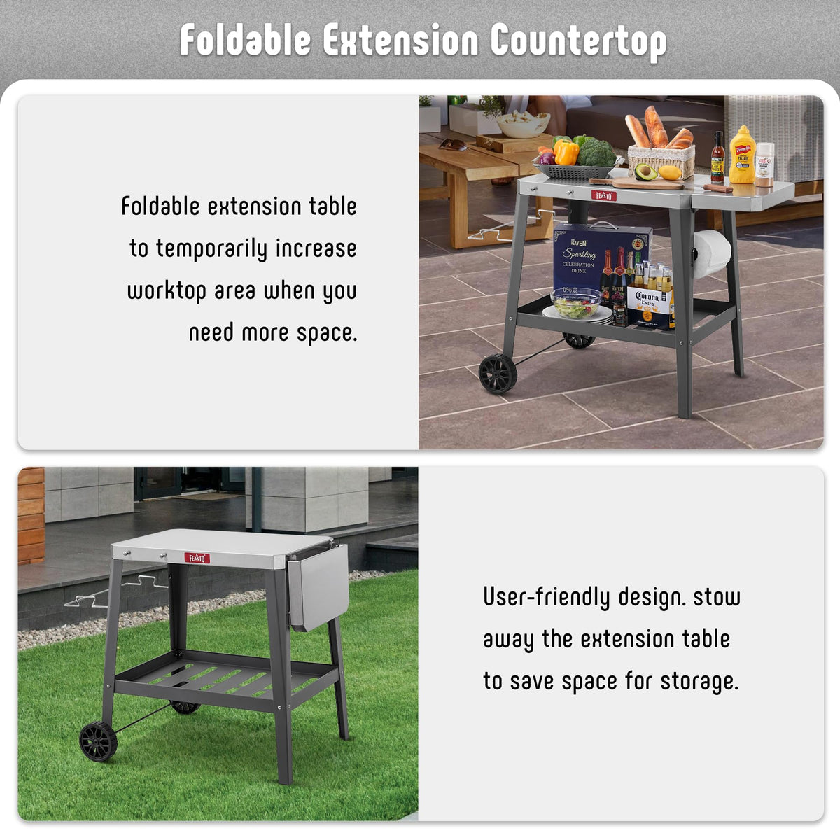 Feasto grill table raindrain shelf helps water drain after outdoor cleanup.