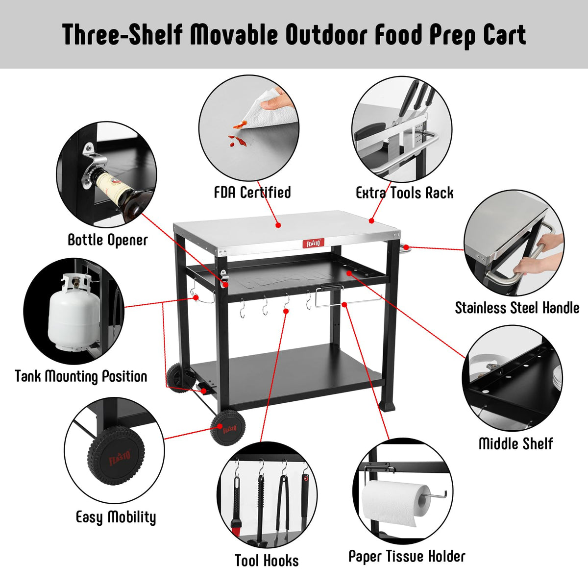 Feasto middle shelf with raised edges holds plates securely.