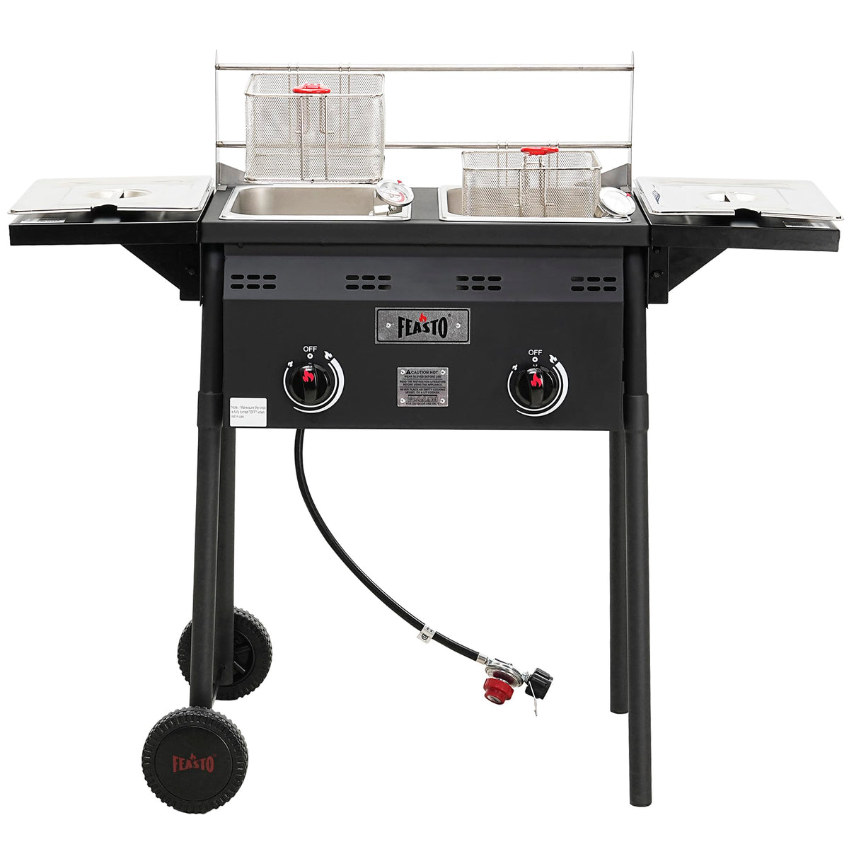Feasto dual-tank outdoor deep fryer with independent burners for batch cooking