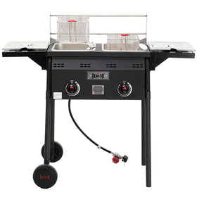 Feasto dual-tank outdoor deep fryer with independent burners for batch cooking