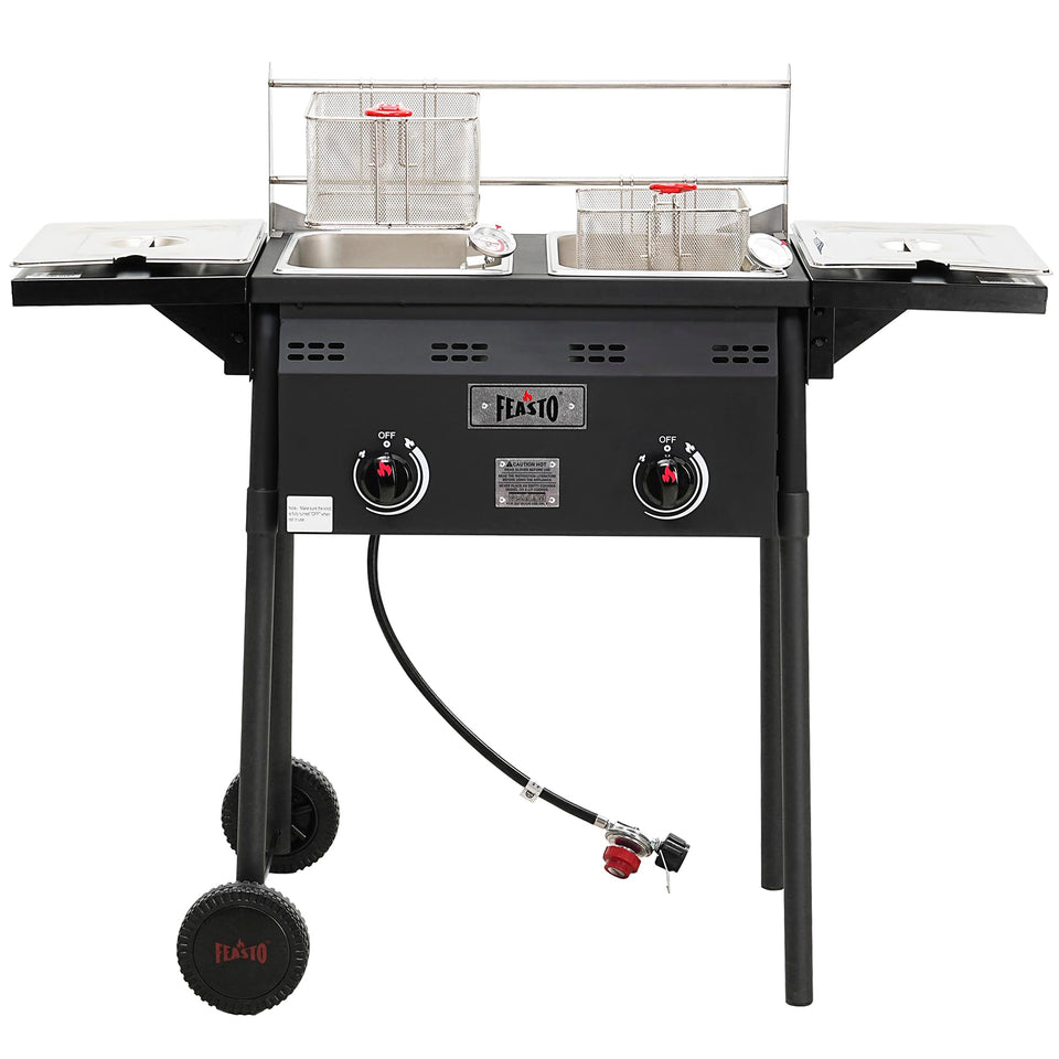 Feasto dual-tank outdoor deep fryer with independent burners for batch cooking