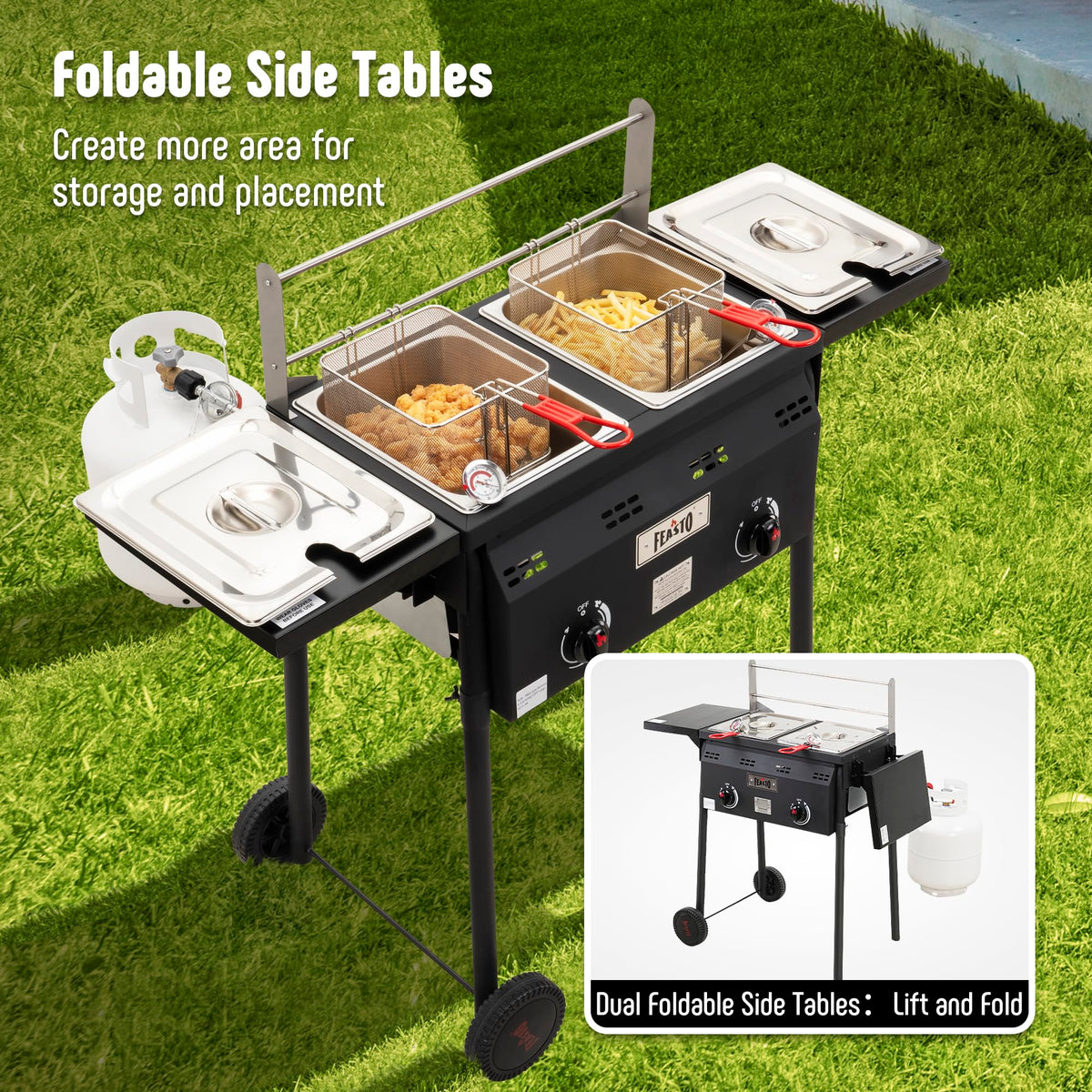 Feasto fryer setup with fold-down tables and rolling cart for easy backyard use