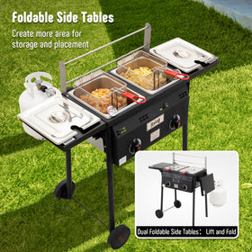 Feasto fryer setup with fold-down tables and rolling cart for easy backyard use