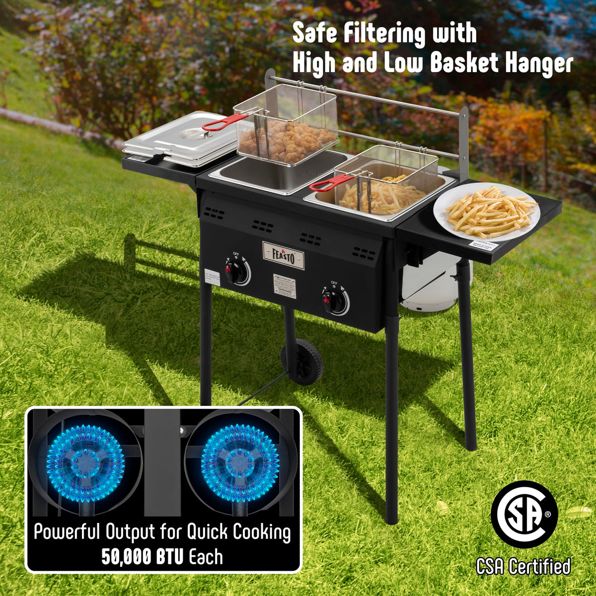 Feasto propane hookup with hose and regulator for outdoor operation