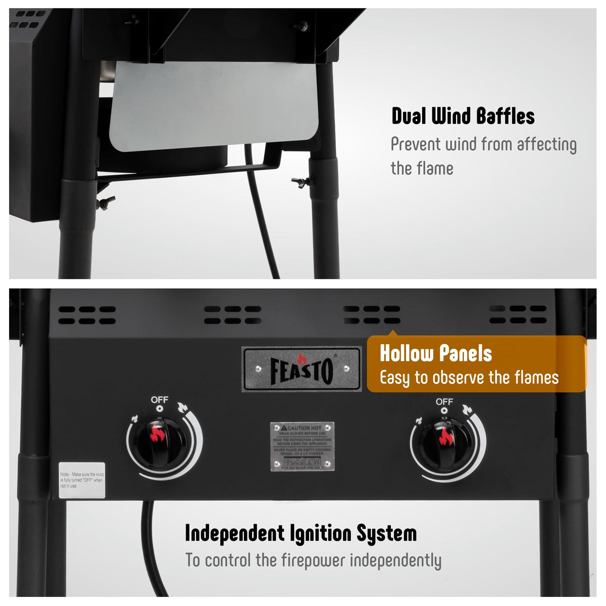 Feasto wind panels and dual baskets stabilize flame during frying
