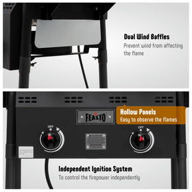 Feasto wind panels and dual baskets stabilize flame during frying