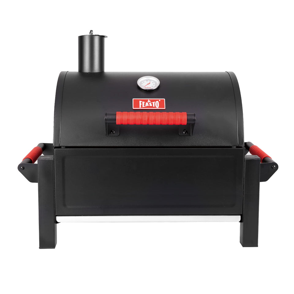 Feasto portable charcoal grill with cast iron grates offering even heat for outdoor cooking.