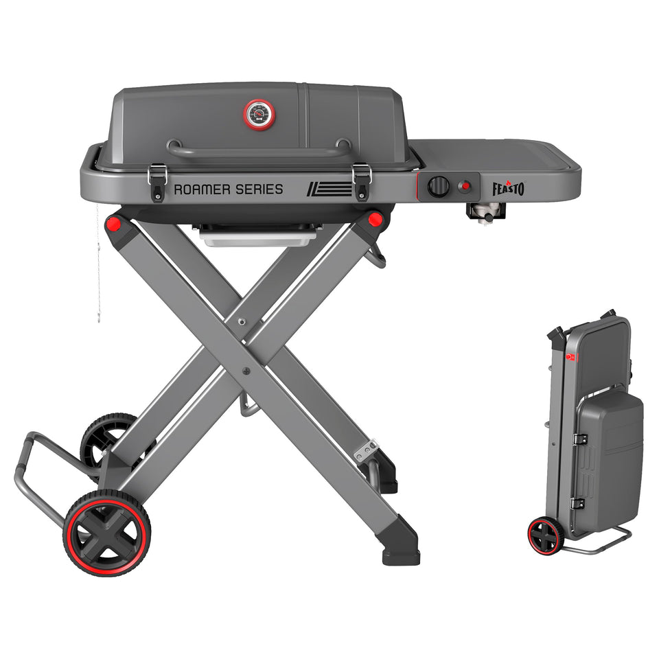Feasto portable propane grill front view, compact design for easy transport