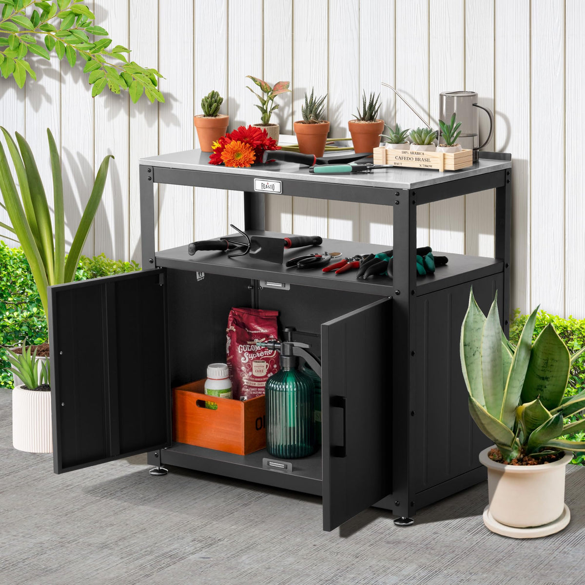 Feasto potting bench storage cabinet keeps tools organized and ready