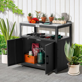 Feasto potting bench storage cabinet keeps tools organized and ready