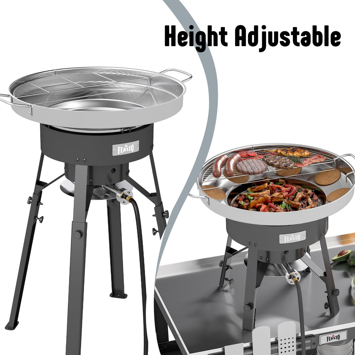 Feasto stainless steel adjustable stand supports flexible setups.