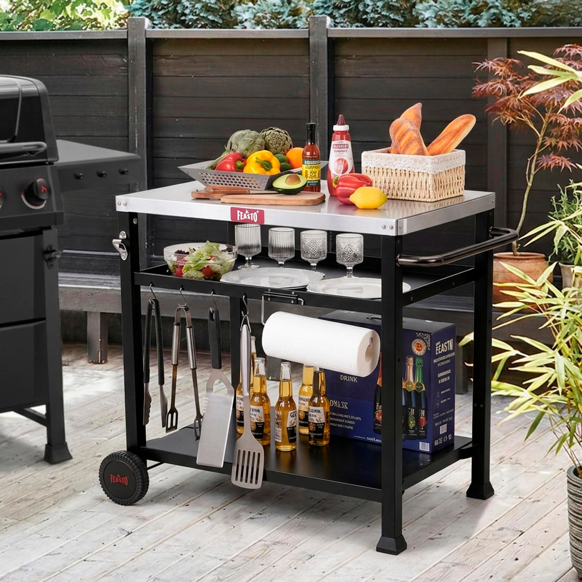 Feasto stainless steel top resists rust and cleans easily.