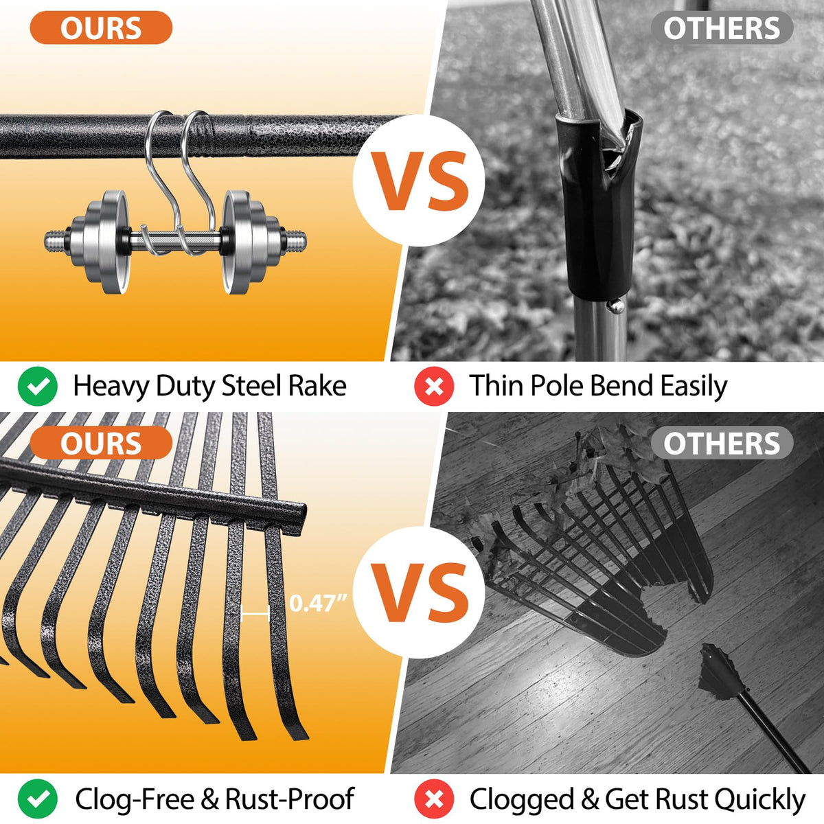 Feblomst 25-tine heavy-duty rake penetrates debris smoothly for efficient cleanup.