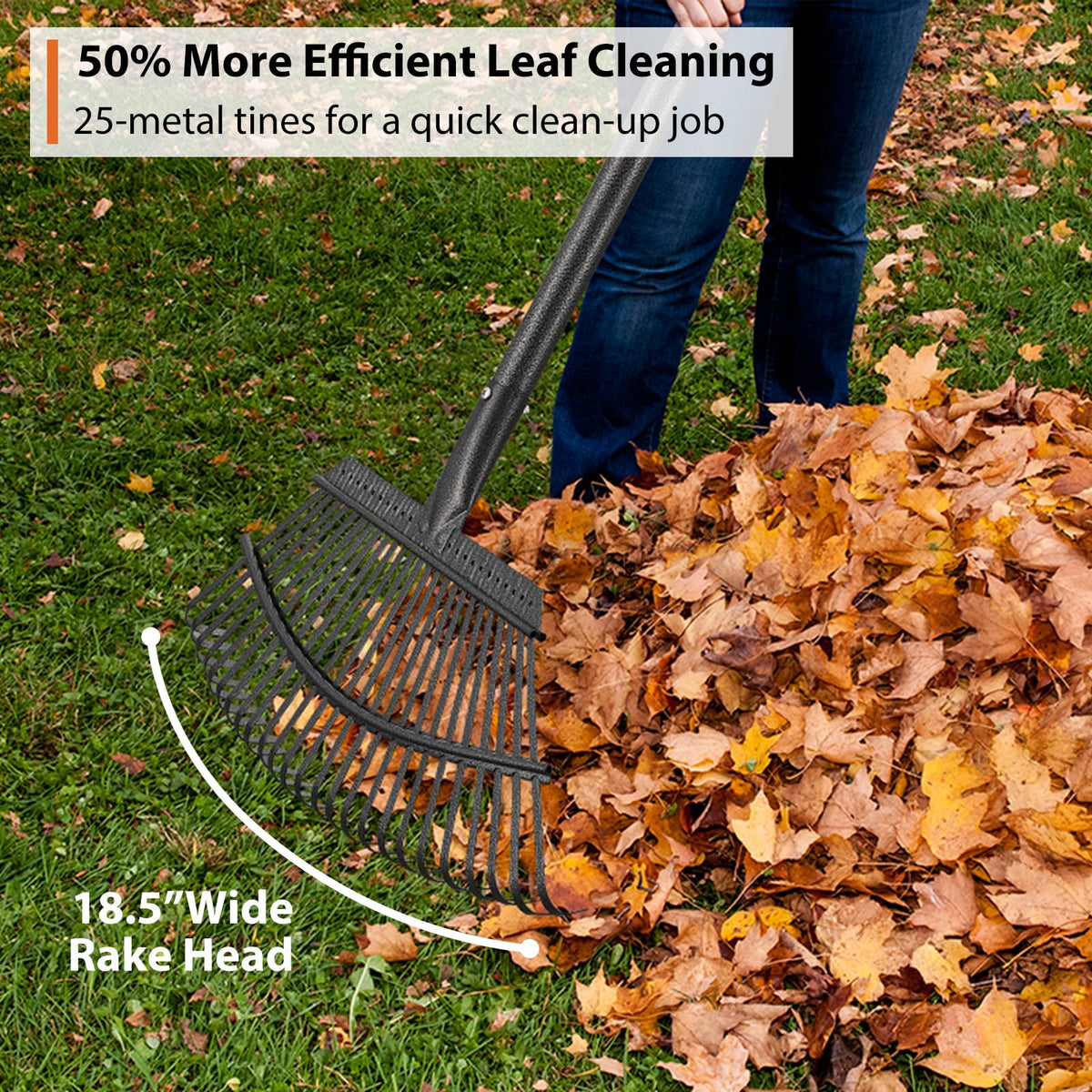 Feblomst 18.5-inch wide rake head for fast leaf collection surface coverage.