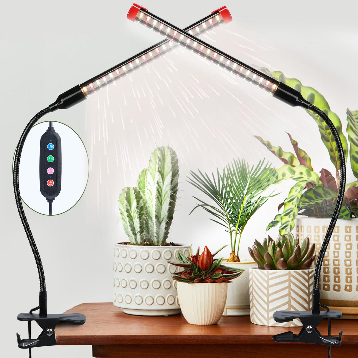 FECiDA 2-pack clip grow lights provide adapter-free setup for indoor plants.