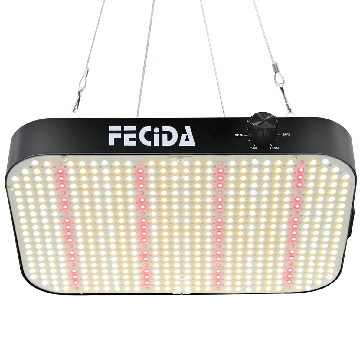 FECiDA 600W equivalent LED grow light front view showing full spectrum suitable for all stages