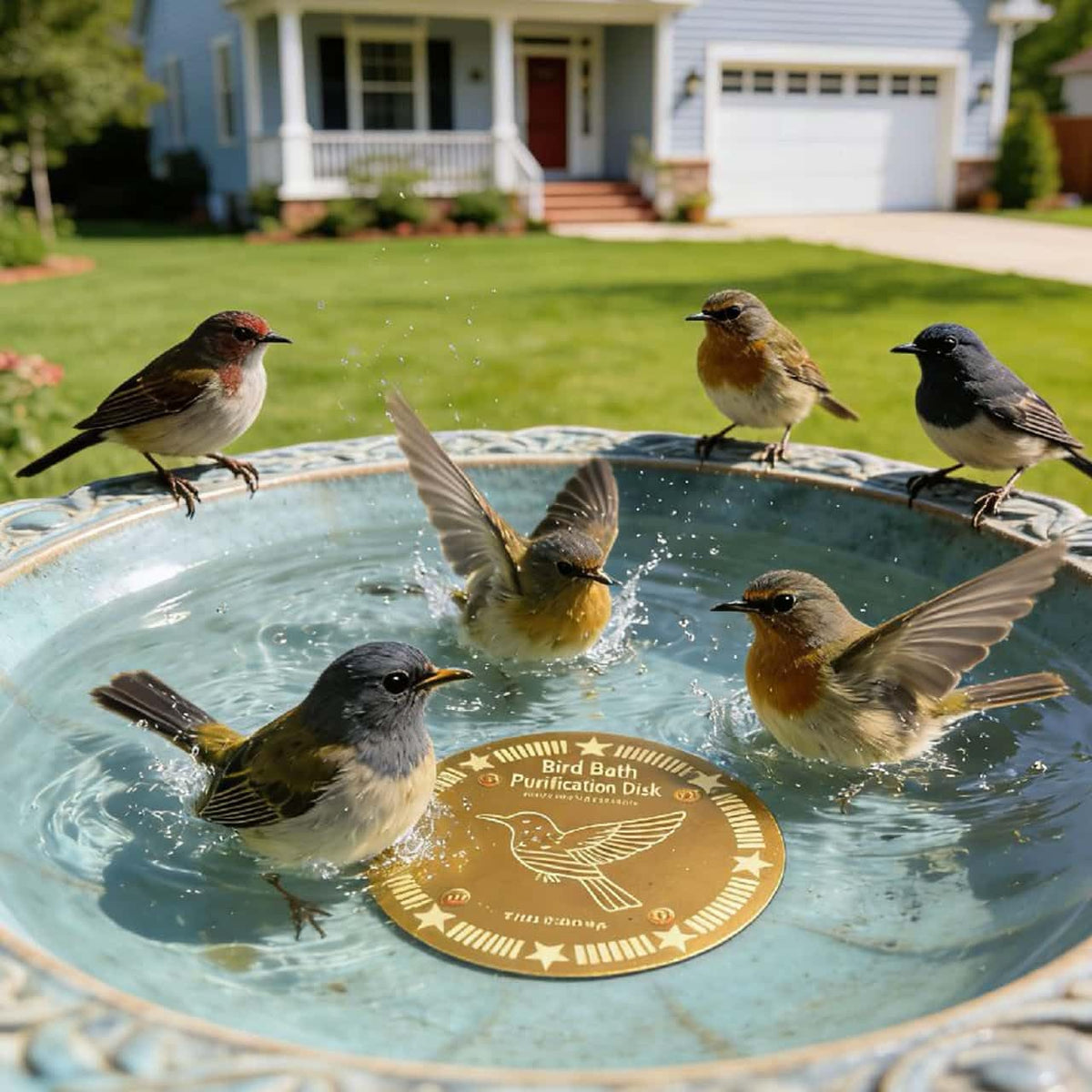 FeciFeco copper disc resting on the bird bath edge with a light splash.