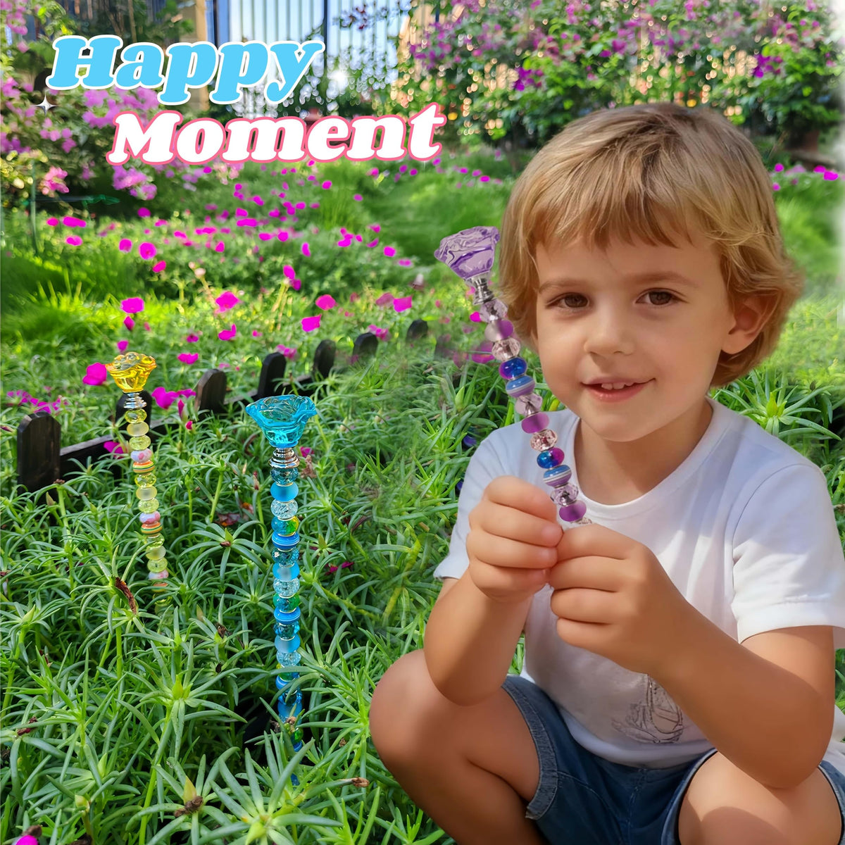 FeciFeco crystal flower toppers sparkle on garden stakes.