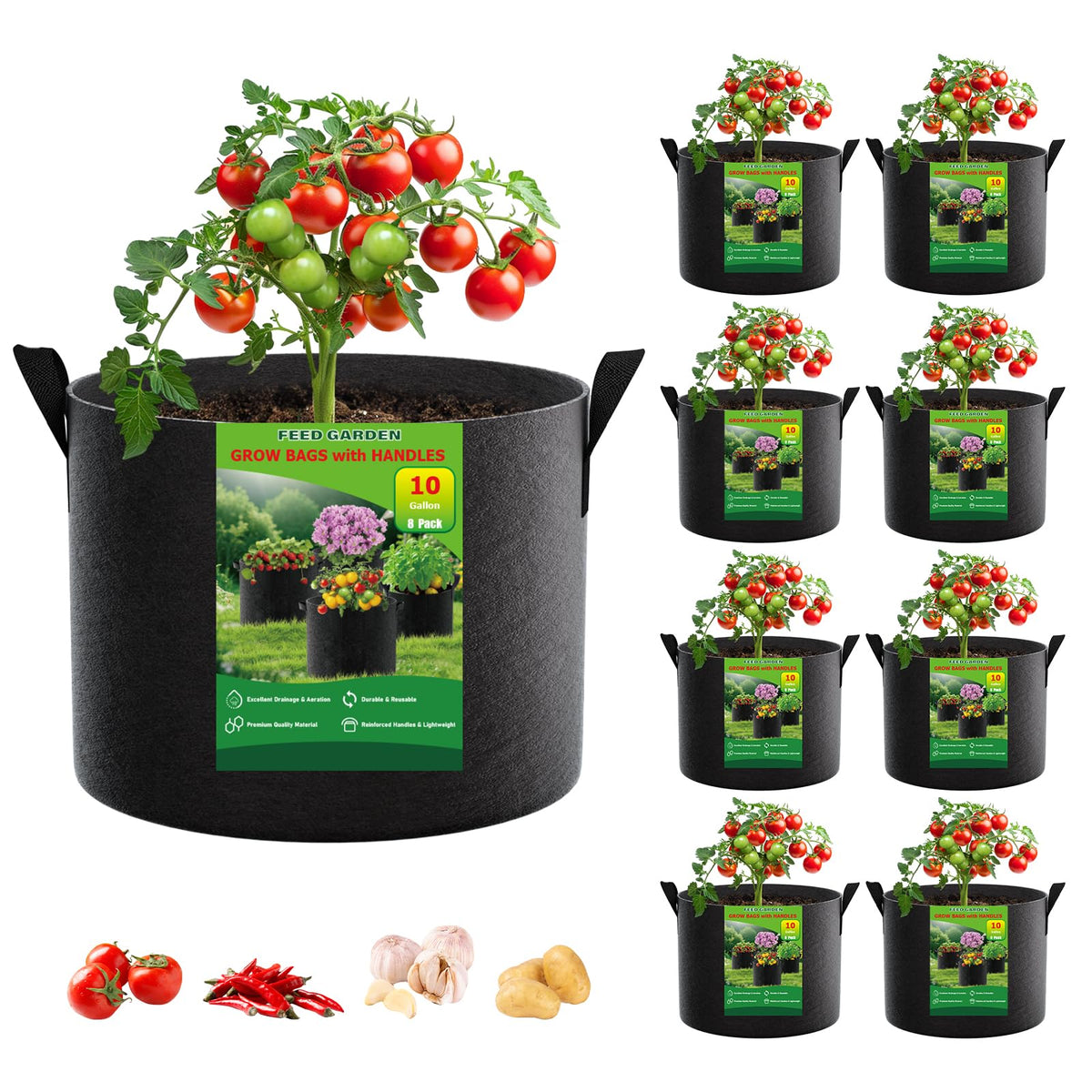 FEED GARDEN 10 Gal grow bags front view, breathable and sturdy for plants