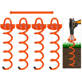 FEED GARDEN spiral ground anchors securing a tent against wind